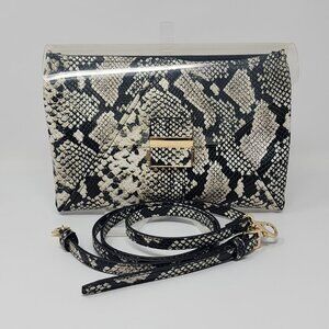 Aldo Cross Body Bag Chic Metal Clear Front Flap Snakeskin Print Black and White